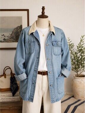 Marsh Landing Denim Chore Jacket Corduroy Collar Utility Barn Coat Women’s M